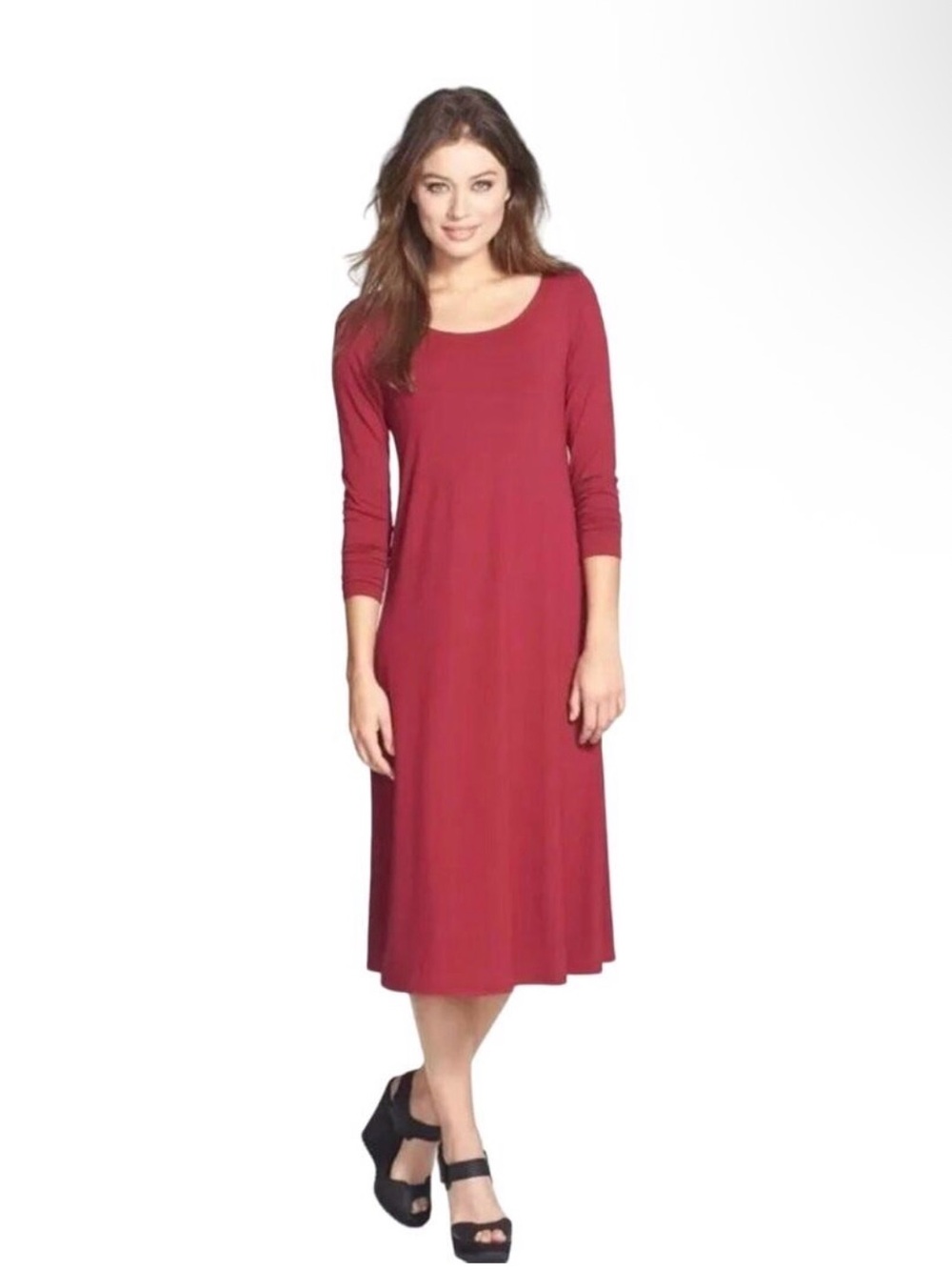 Eileen Fisher Garnet Cranberry Red Jersey Knit Midi Dress Stretch Casual Sz L